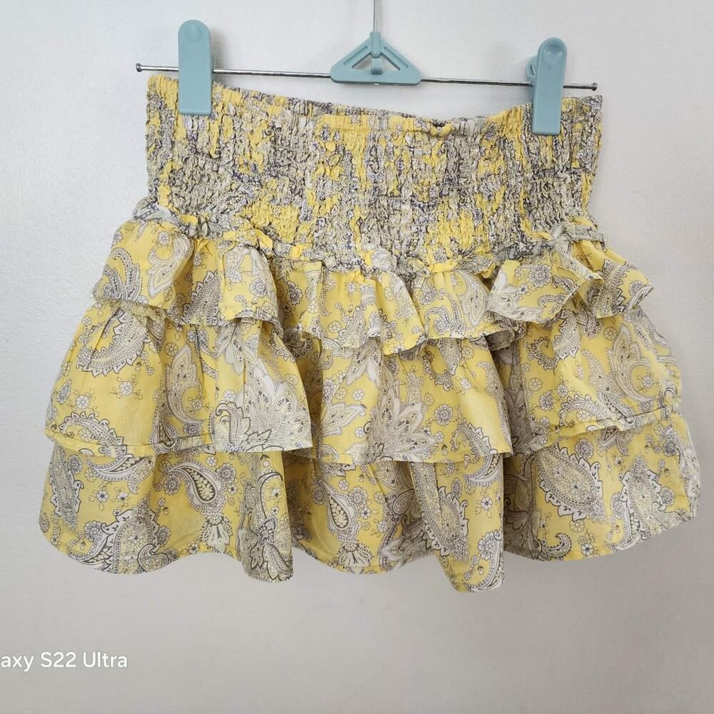 H&M Tiered Mini Skirt Light Yellow Paisley Size XS
